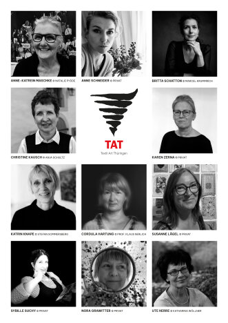 TAT Collage mit Kontaktdaten Portraitfotos von elf Künstlerinnen der TAT Textil Art Thüringen arrangiert als Collage