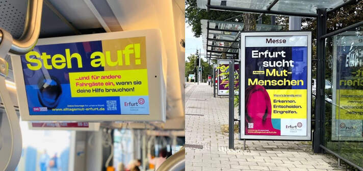  Digitale Anzeige zum Thema Alltags-Mut in der Straßenbahn und Plakat an der Straßenbahnhaltestelle