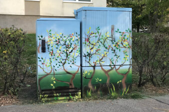 Graffiti-Projekt Medienkästen gestaltet mit Heckenbepflanzung