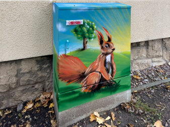 Graffiti-Projekt Medienkasten gestaltet mit einem Eichhörnchen auf der Wiese.
