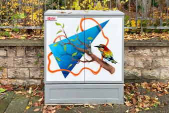 Graffiti-Projekt Medienkasten gestaltet mit einem Dreieck und einem Vogel