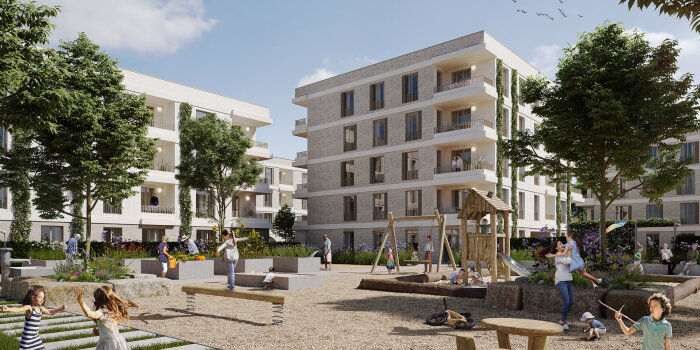 Visualisierung von vier- bis fünfgeschossigen Wohngebäuden mit Spielplatz im Vordergrund