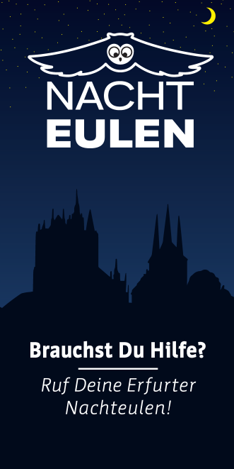 Titelseite eines Flyers in Schwarz und Dunkelblau mit Logo "Nachteulen"