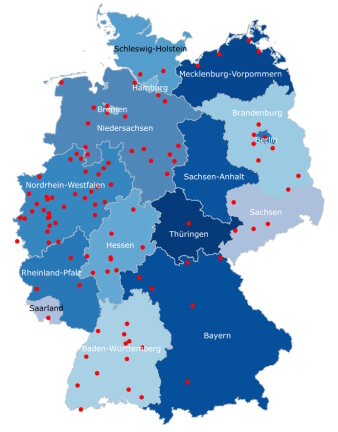 Deutschlandkarte mit den teilnehmenden Städten vitale Innenstädte 2024