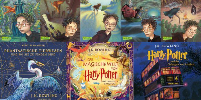 Eine Collage aus acht Covern von Büchern über den Zauberlehrling Harry Potter.