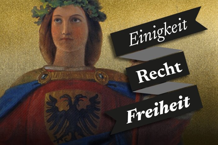 Frau mit Blätterhaarkranz in mittelalterlicher Robe mit einem zweiköpfigem Adler und Einigkeit, Recht, Freiheit