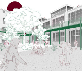 Architekturmodell mit begrüntem Innenhof und Menschen in Grau- und Grüntönen