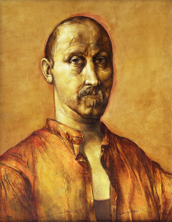 Gemaltes Portrait eines Mannes mit Schnurrbart in Orangetönen