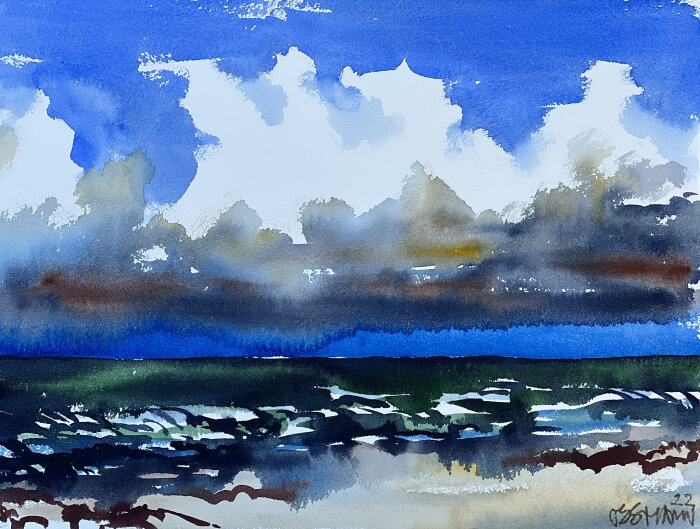 Eine gemalte Landschaft in Blau- und Weißtönen